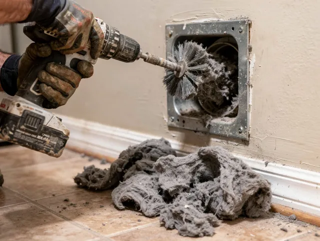 Certified Lancaster Dryer Vent Cleaning technician performing dryer vent cleaning in Lancaster