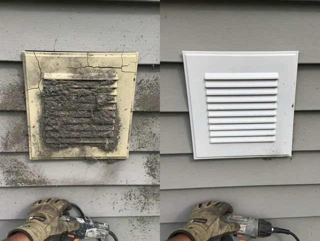 Lancaster Dryer Vent Cleaning technician installing high-quality dryer vent cover at a residential property in Lancaster