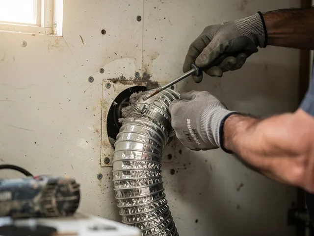 Lancaster Dryer Vent Cleaning technician performing precise dryer vent hose installation in Lancaster